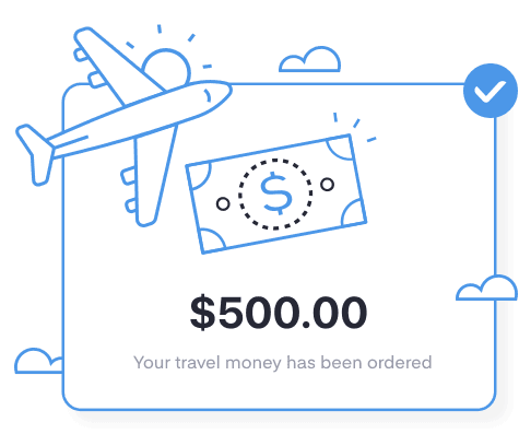 Illustration of a dollar bill, aeroplane and a message saying "Your travel money has been ordered".