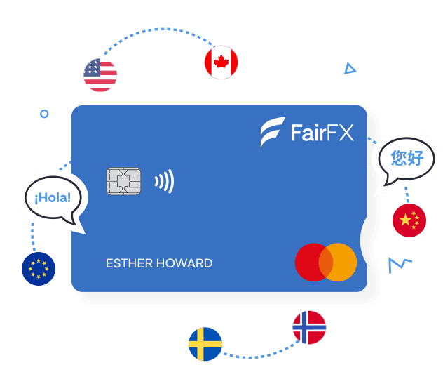 FairFX prepaid travel card with world flags surrounding it and speech bubbles in different languages.